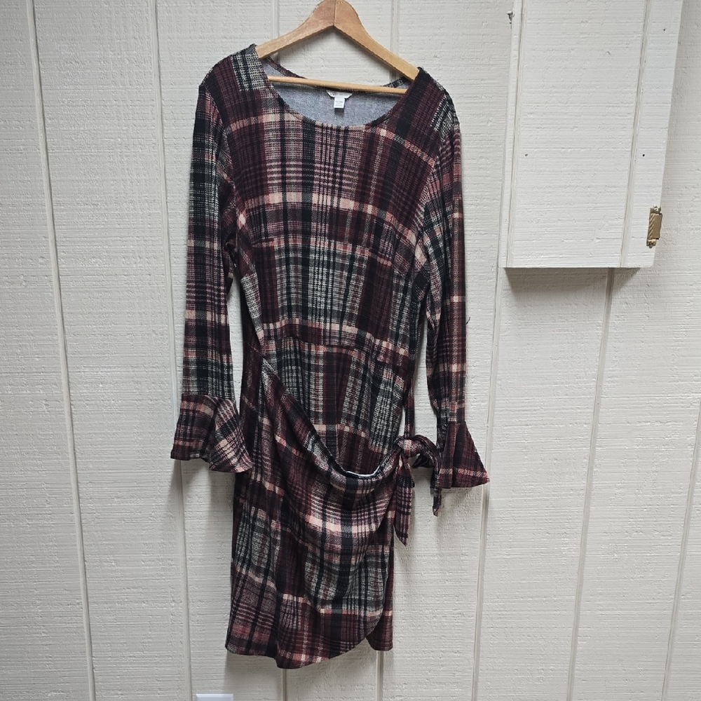 Cato Plaid Long Sleeve Dress with Tie Waist